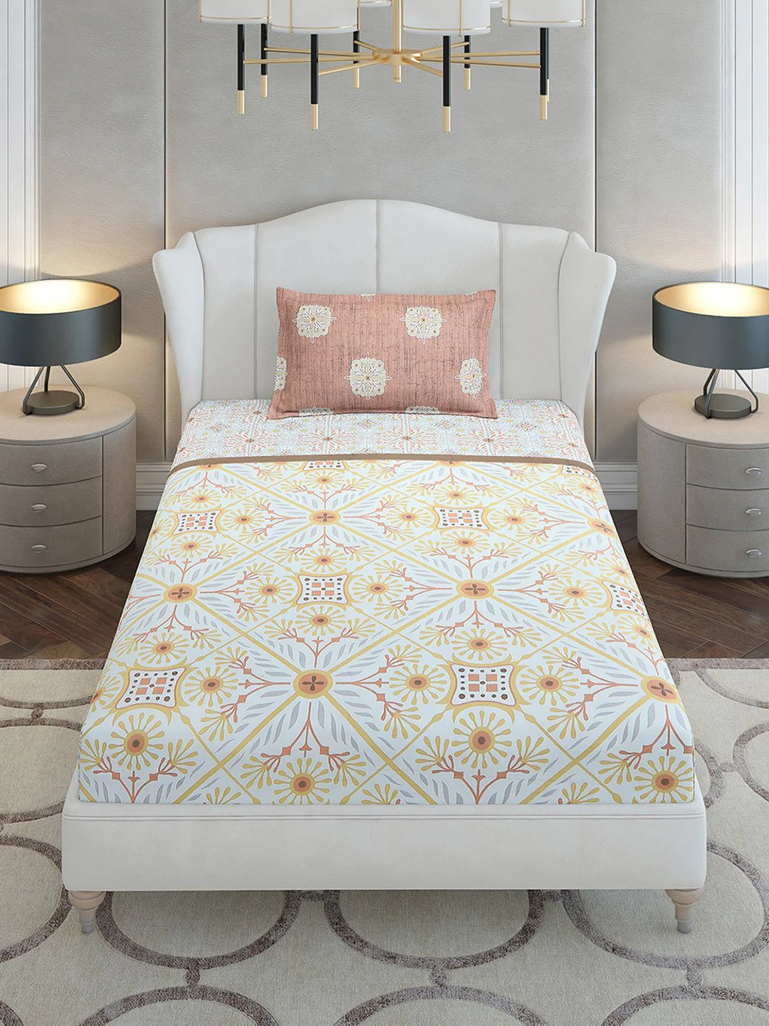 Monte Carlo Beige & Yellow Ethnic Motifs Cotton 144 TC Single Bedsheet Set-2.29 m x 1.52 m - Image 3