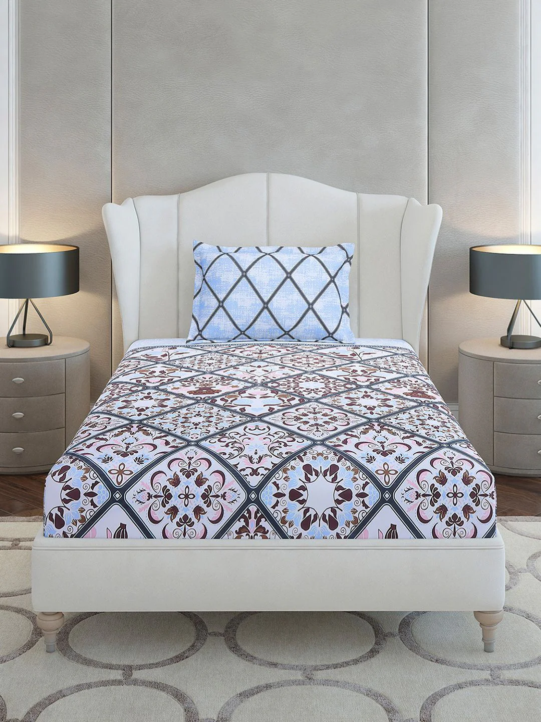 Monte Carlo Blue & Pink Floral Printed Cotton 144 TC Single Bedsheet Set 2.29 m x 1.52 m - Image 2