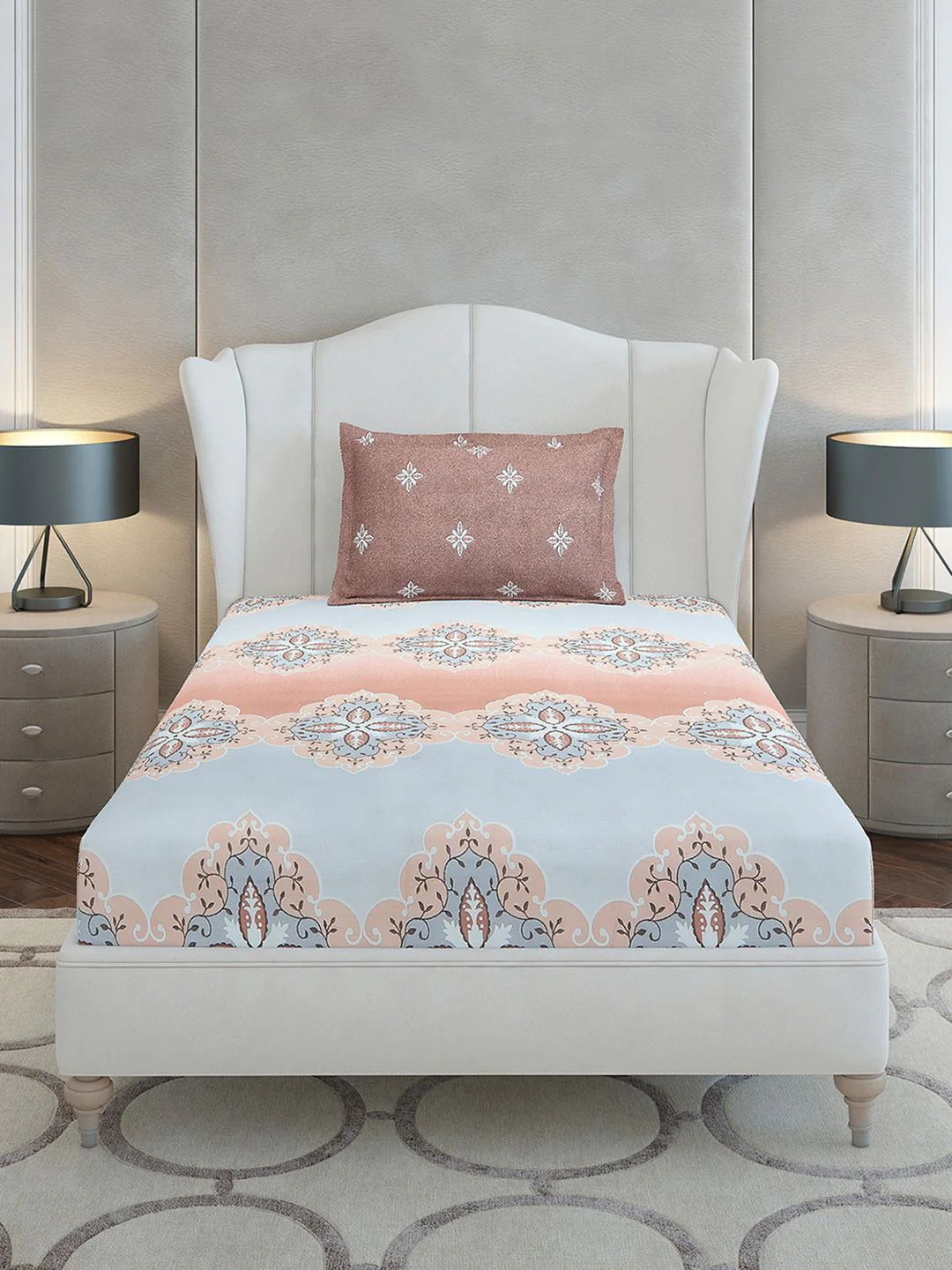 Monte Carlo Brown & Grey Ethnic Motifs Cotton 144 TC Single Bedsheet Set-2.29 m x 1.52 m - Image 2