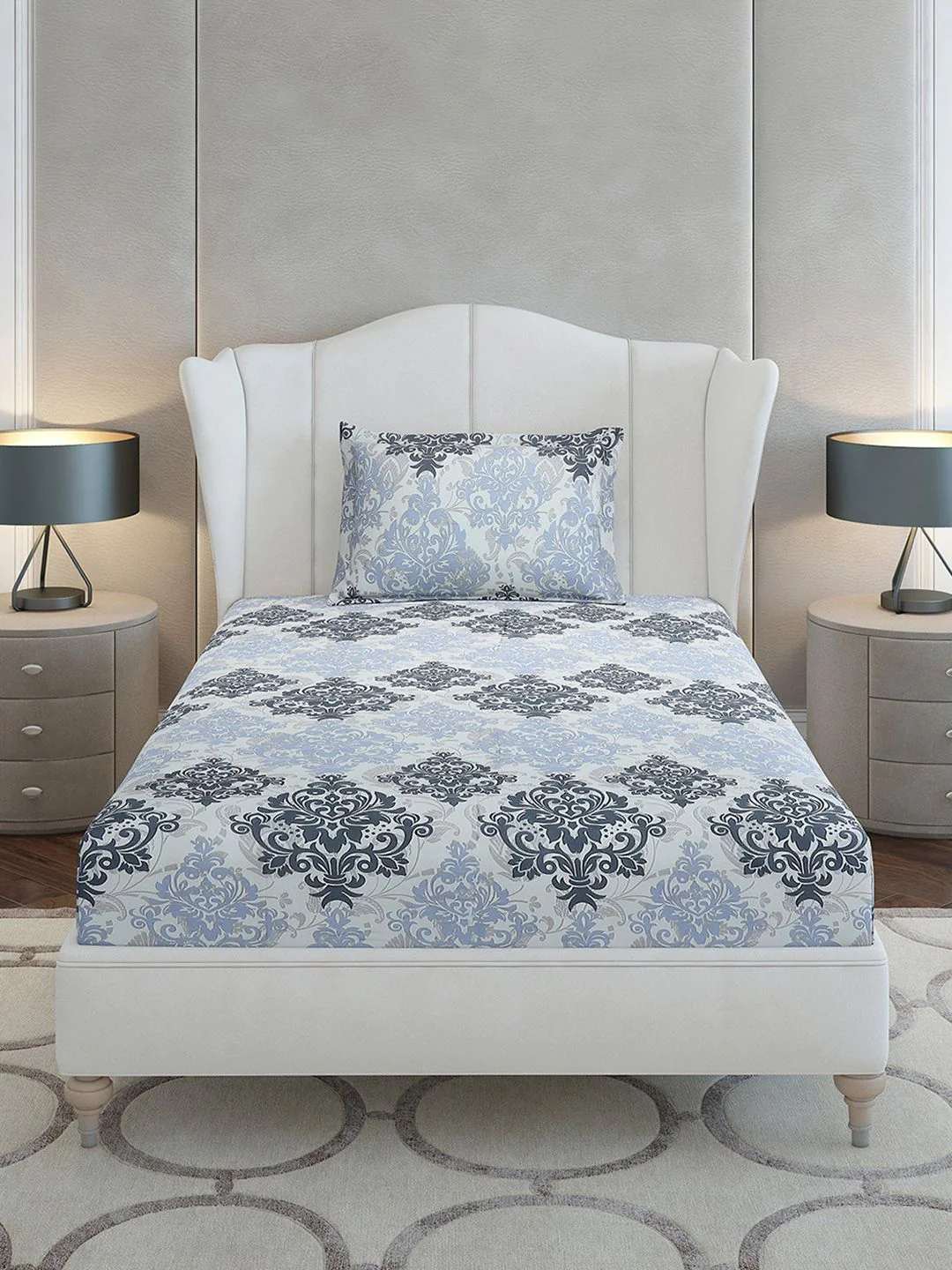 Monte Carlo Grey & Blue Ethnic Motifs Cotton 104 TC Single Bedsheet Set-2.24 m x 1.52 m - Image 2