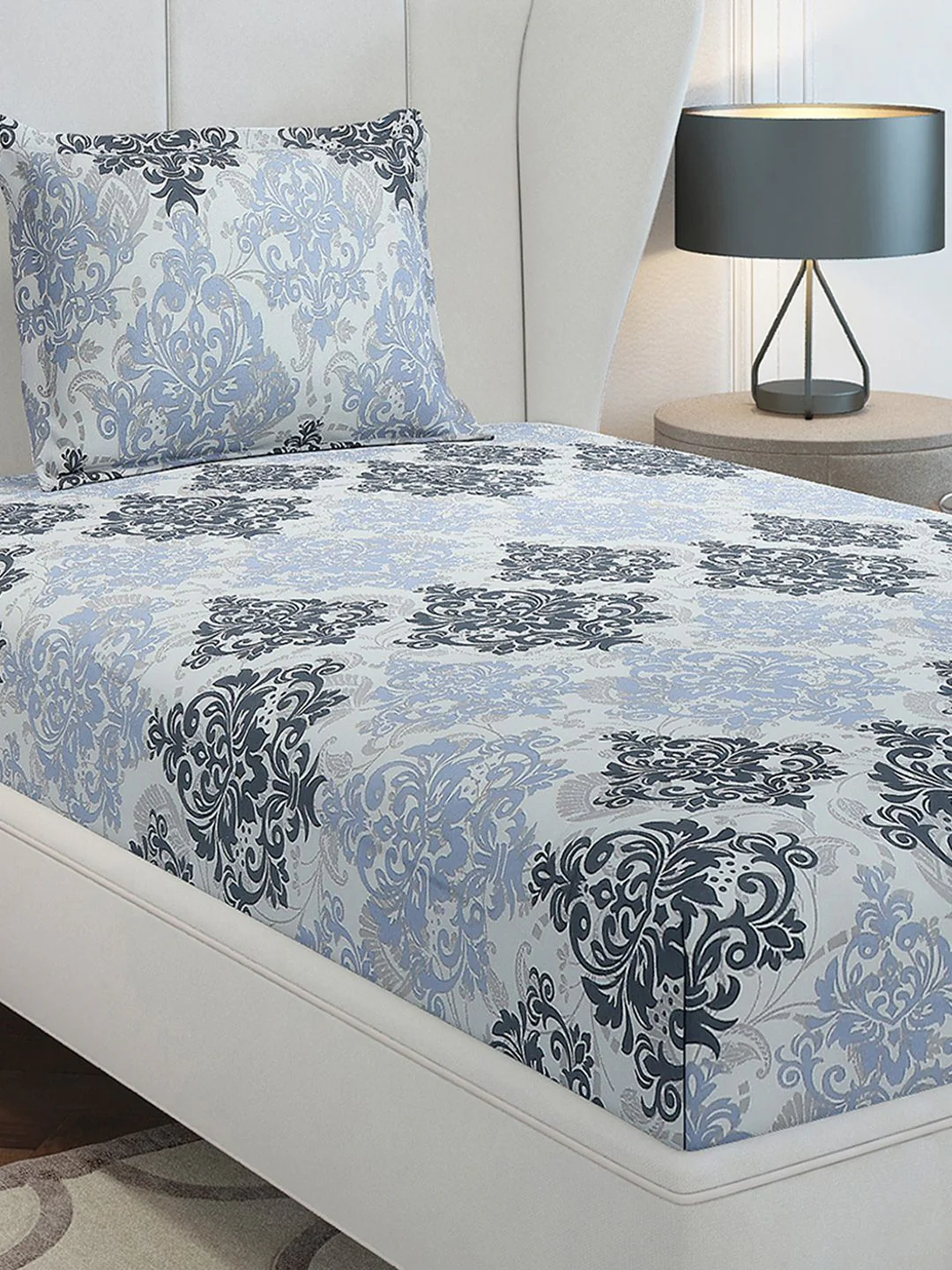 Monte Carlo Grey & Blue Ethnic Motifs Cotton 104 TC Single Bedsheet Set-2.24 m x 1.52 m - Image 5