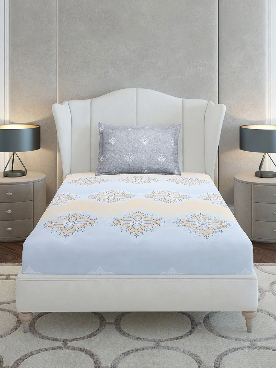 Monte Carlo Grey & Blue Ethnic Motifs Cotton 144 TC Single Bedsheet Set-2.29 m x 1.52 m - Image 2