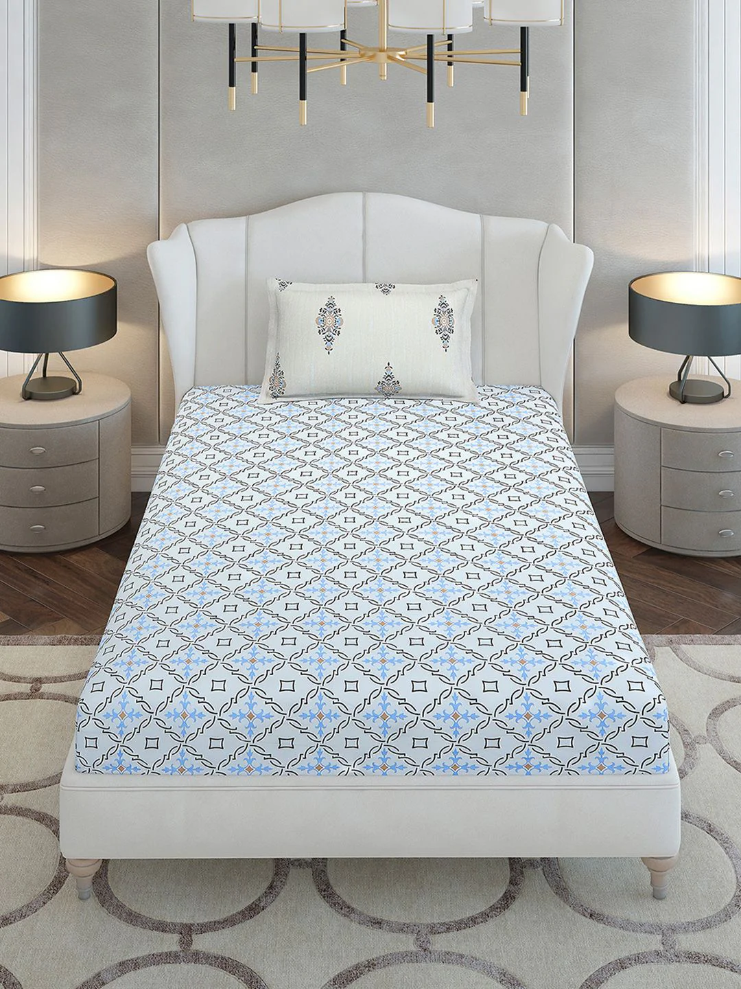 Monte Carlo Grey & White Printed Cotton 144 TC Single Bedsheet Set 2.29 m x 1.52 m - Image 3