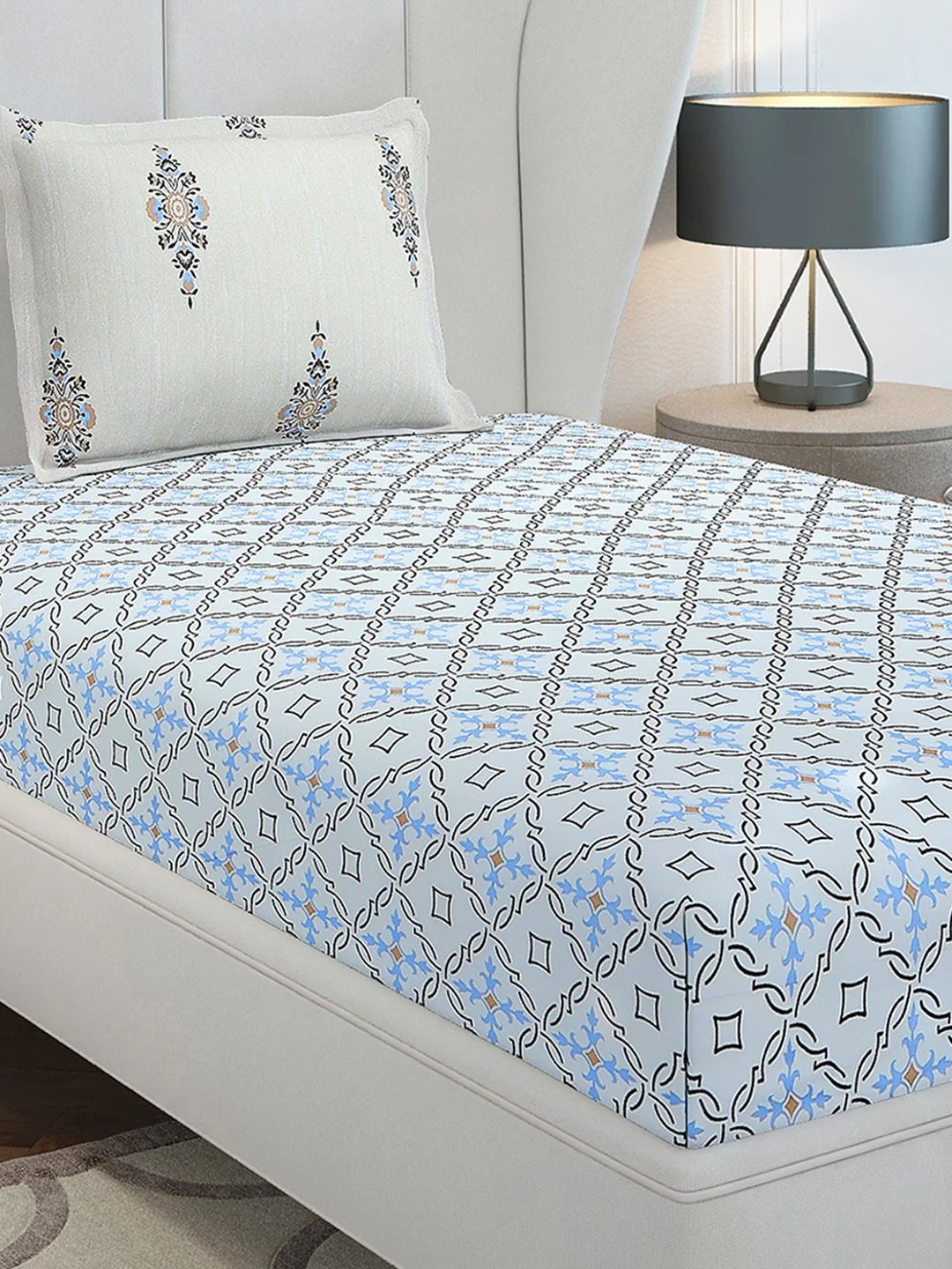 Monte Carlo Grey & White Printed Cotton 144 TC Single Bedsheet Set 2.29 m x 1.52 m - Image 5