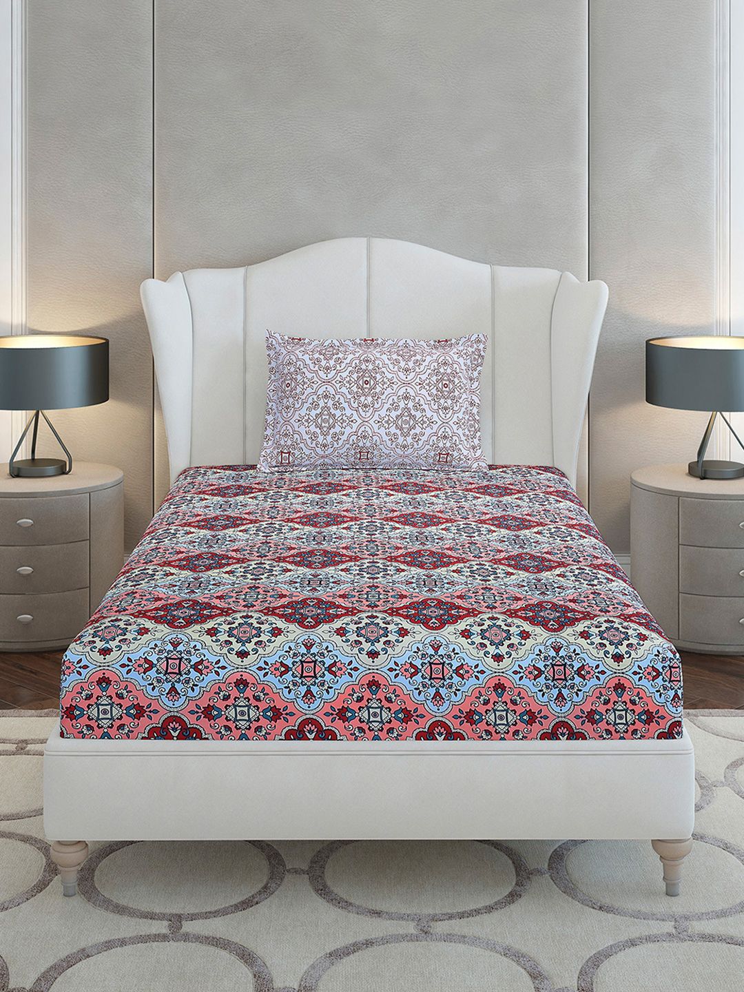 Monte Carlo Maroon & Blue Ethnic Motifs Cotton 144 TC Single Bedsheet Set-2.29 m x 1.52 m - Image 2