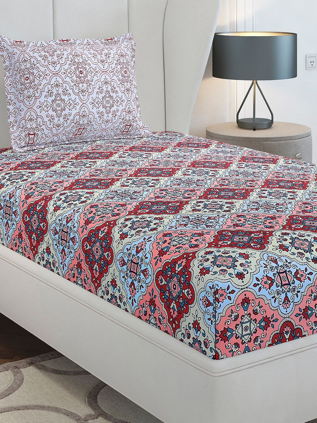Monte Carlo Maroon & Blue Ethnic Motifs Cotton 144 TC Single Bedsheet Set-2.29 m x 1.52 m - Image 5
