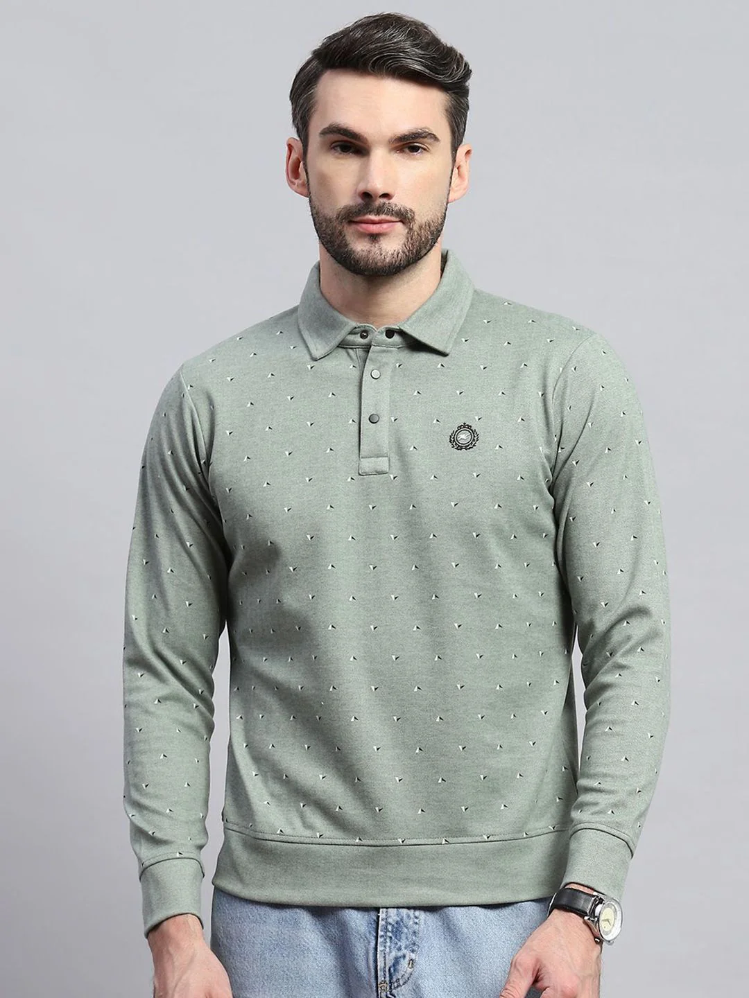 Monte Carlo Men Shirt Collar Geometric Printed Cotton Sweatshirt