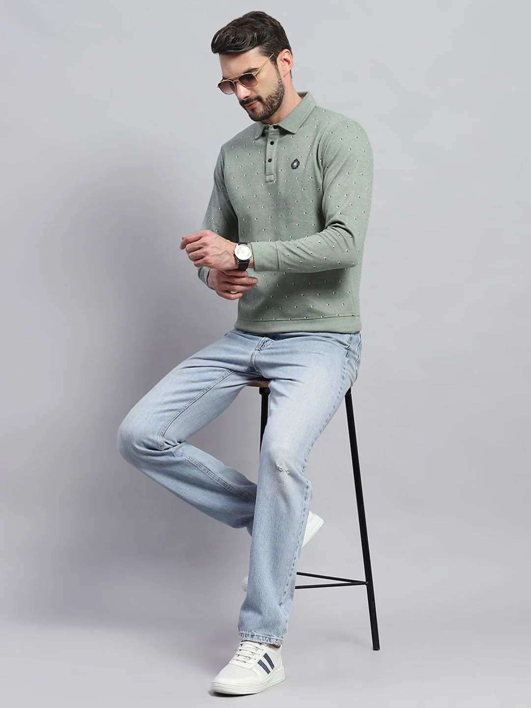 Monte Carlo Men Shirt Collar Geometric Printed Cotton Sweatshirt - Image 6