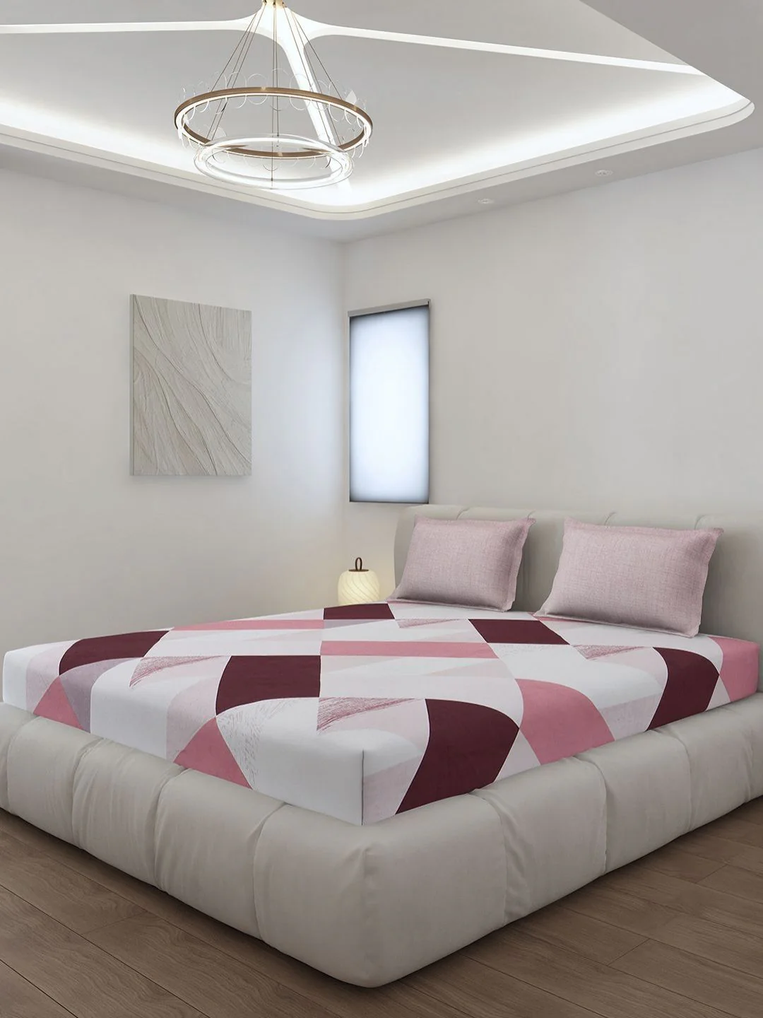 Monte Carlo Peach-Coloured & White Geometric 144 TC King Bedsheet Set 1.85 m x 1.95 m