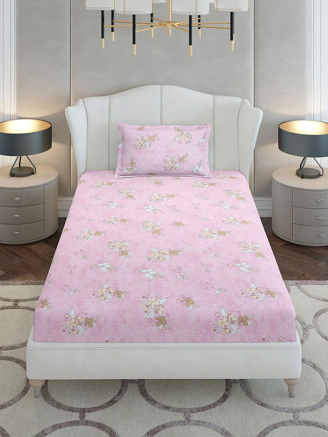 Monte Carlo Pink & White Floral Printed Cotton 104 TC Single Bedsheet Set-2.24 m x 1.52 m - Image 3
