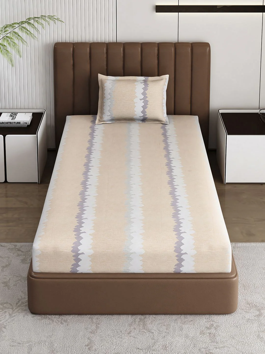 Monte Carlo Pixel Beige & Grey Printed 120 TC Single Bedsheet Set 1.52 m x 2.30 m - Image 3