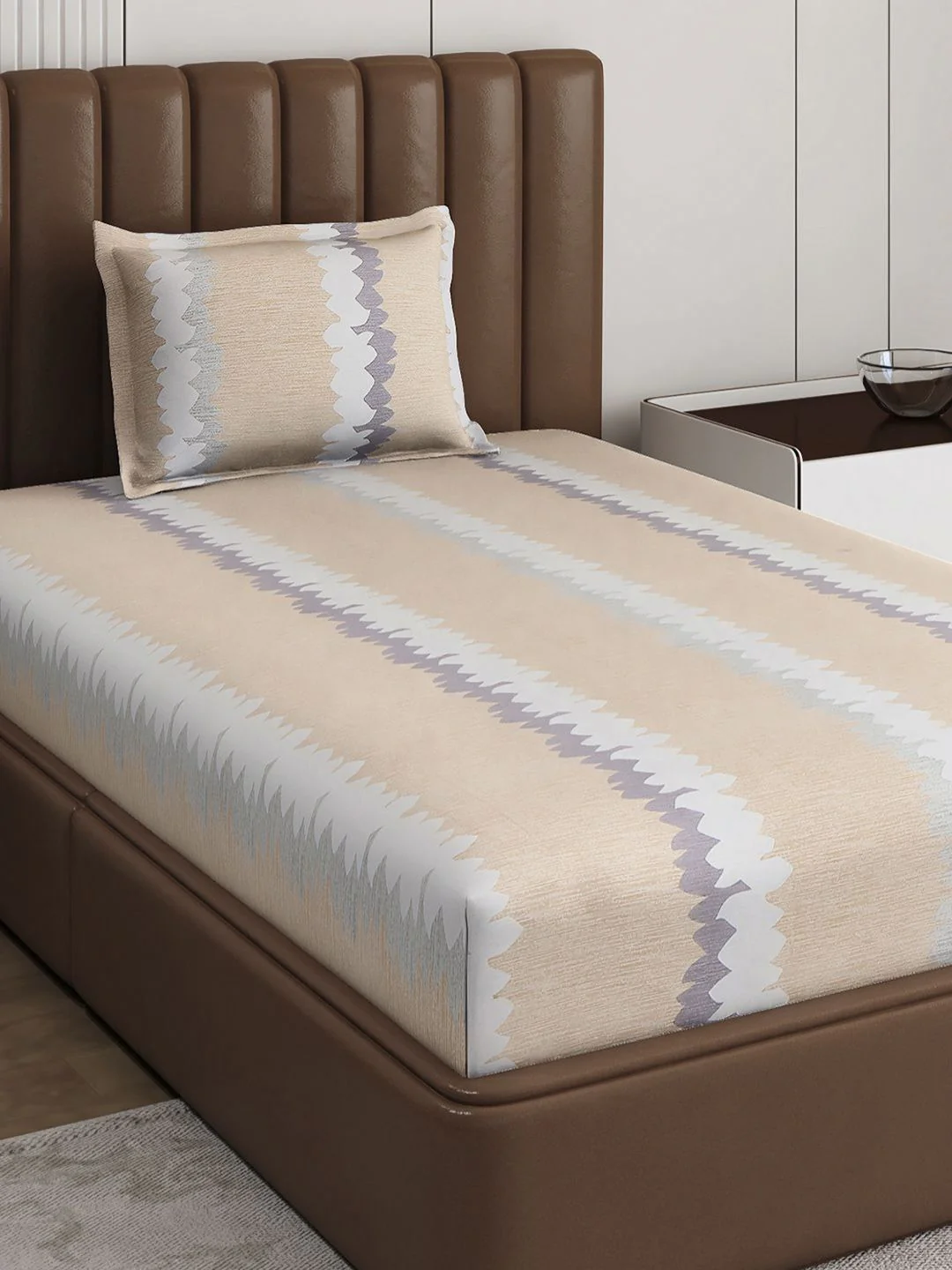Monte Carlo Pixel Beige & Grey Printed 120 TC Single Bedsheet Set 1.52 m x 2.30 m - Image 5