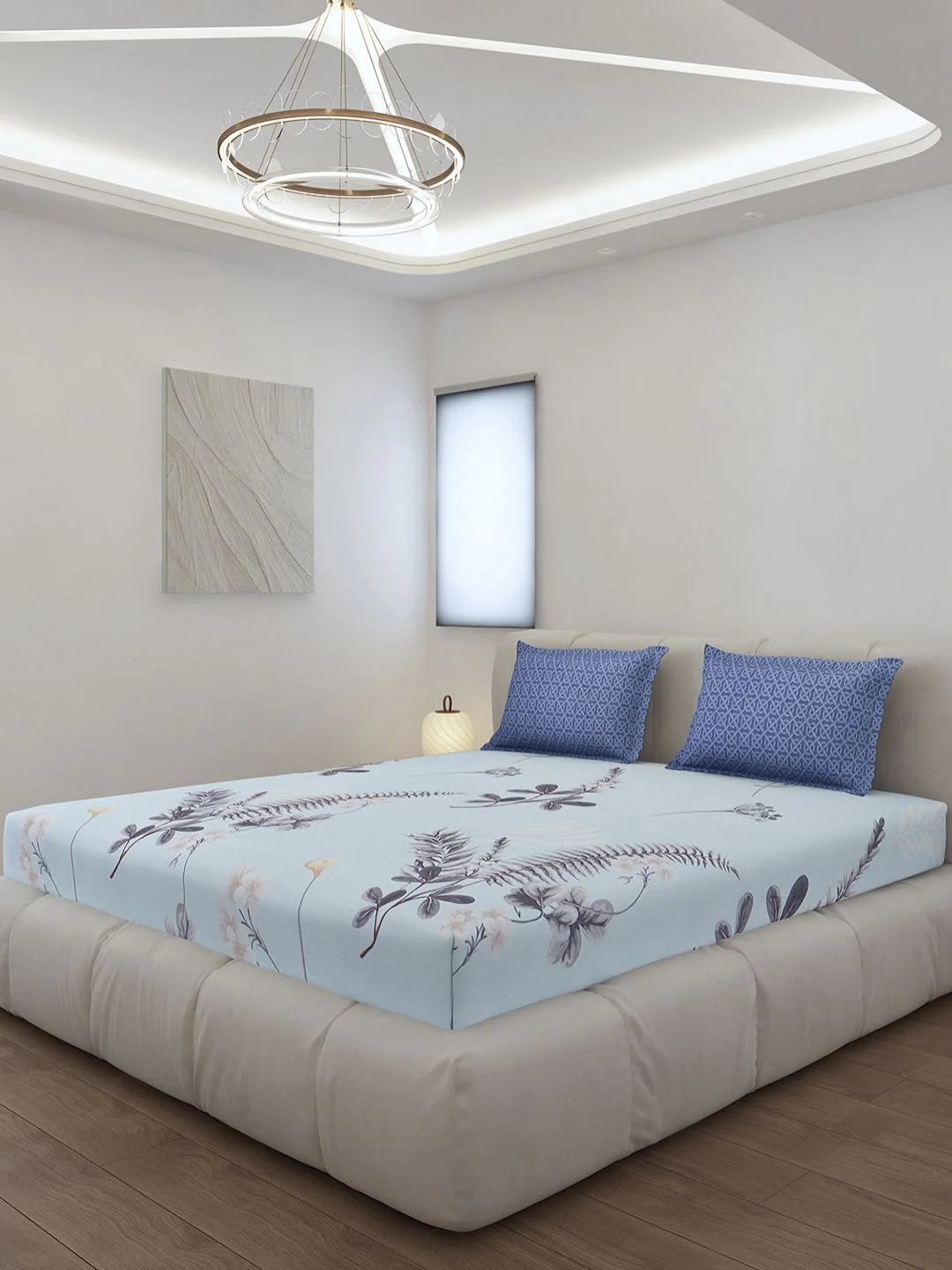 Monte Carlo Stanley Blue Floral Printed 144 TC King Bedsheet Set 1.85 m x 1.95 m