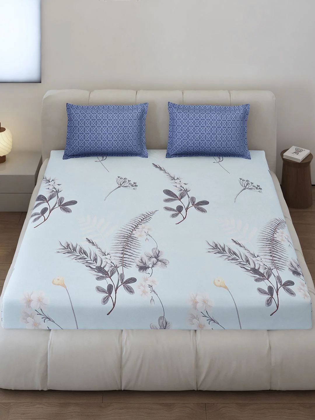 Monte Carlo Stanley Blue Floral Printed 144 TC King Bedsheet Set 1.85 m x 1.95 m - Image 3