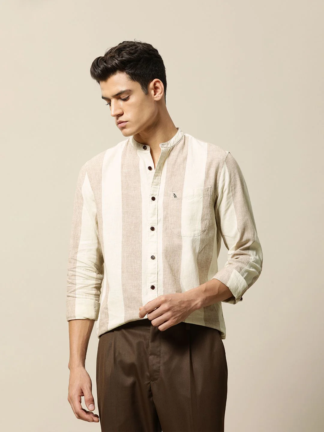 Mr Bowerbird Men Brown & Off White Tailored Fit Striped Cotton Linen Casual Shirt - Image 5