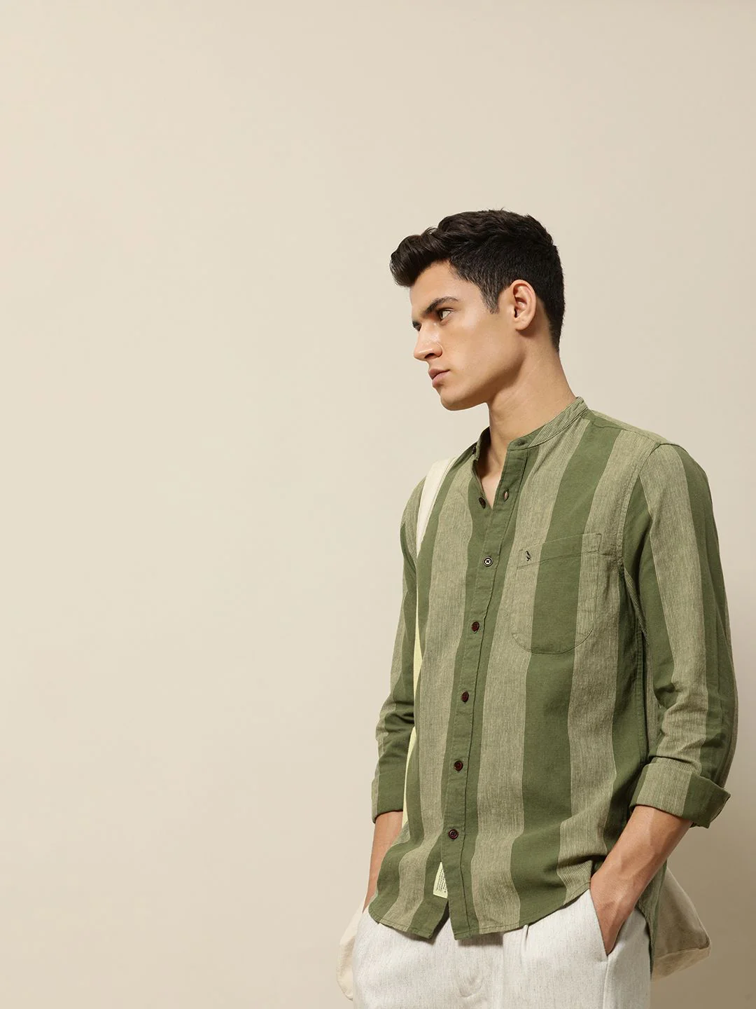 Mr Bowerbird Men Olive Green & Beige Tailored Fit Striped Cotton Linen Casual Shirt