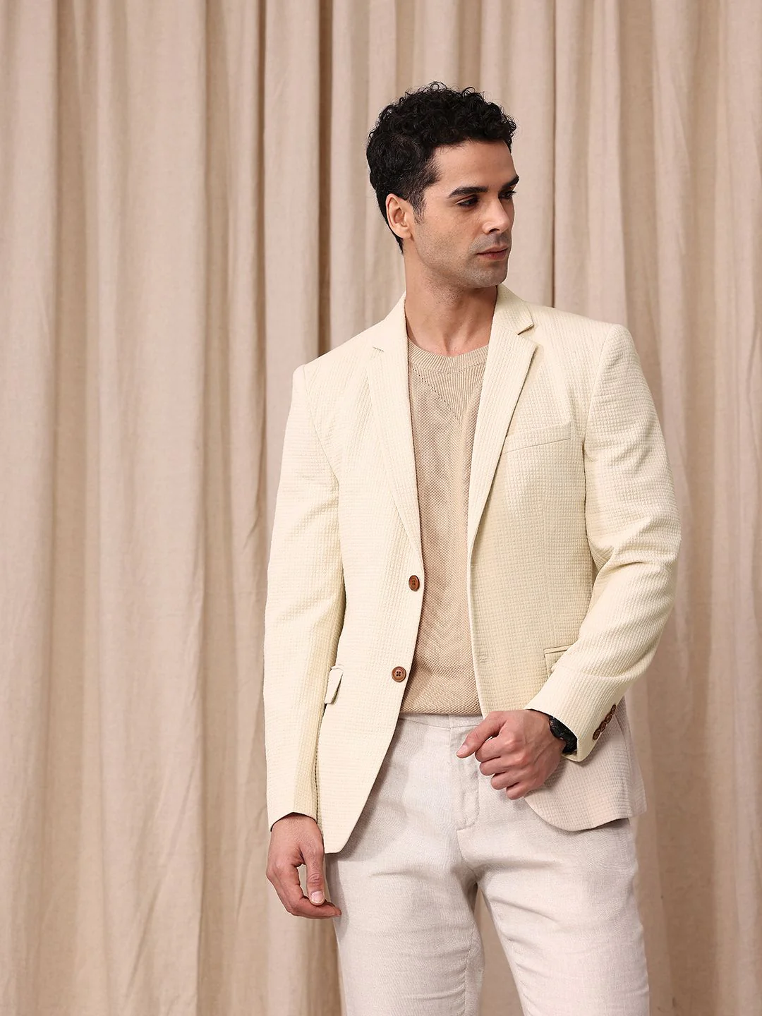 Mr.Bowerbird Self Design Textured Tailored Fit Single Breasted Casual Blazer - Image 3