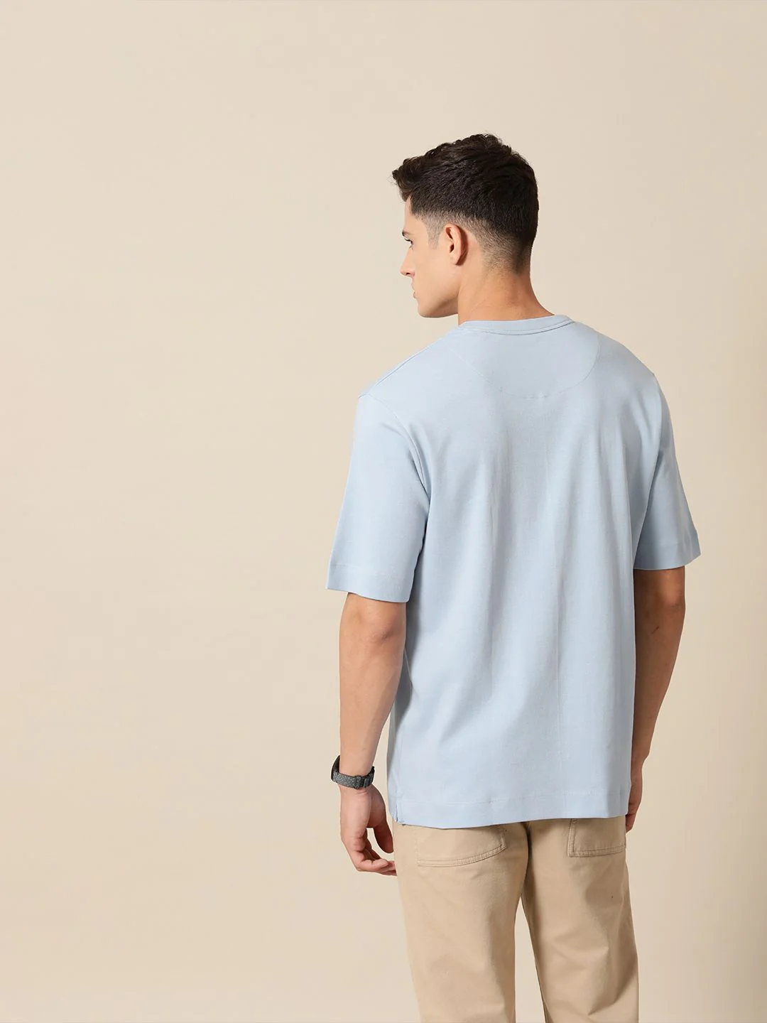 Mr Bowerbird Solid Pure Cotton Casual Oversized T-shirt With Patchwork Detail - Image 5