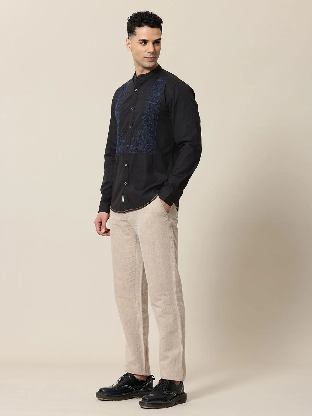 Mr Bowerbird Tailored Fit Floral Embroidered Band Collar Pure Cotton Casual Shirt - Image 6