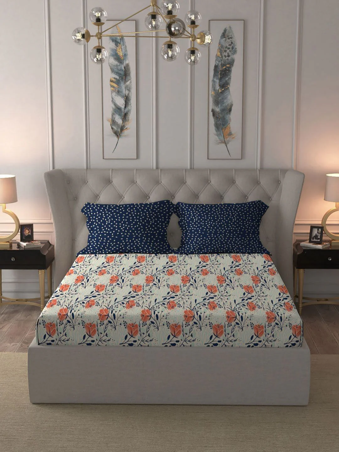 MYTRIDENT Aster Blue Moments Flat 120TC Queen Cotton 1 Bedsheet with 2 Pillow Covers - Image 2