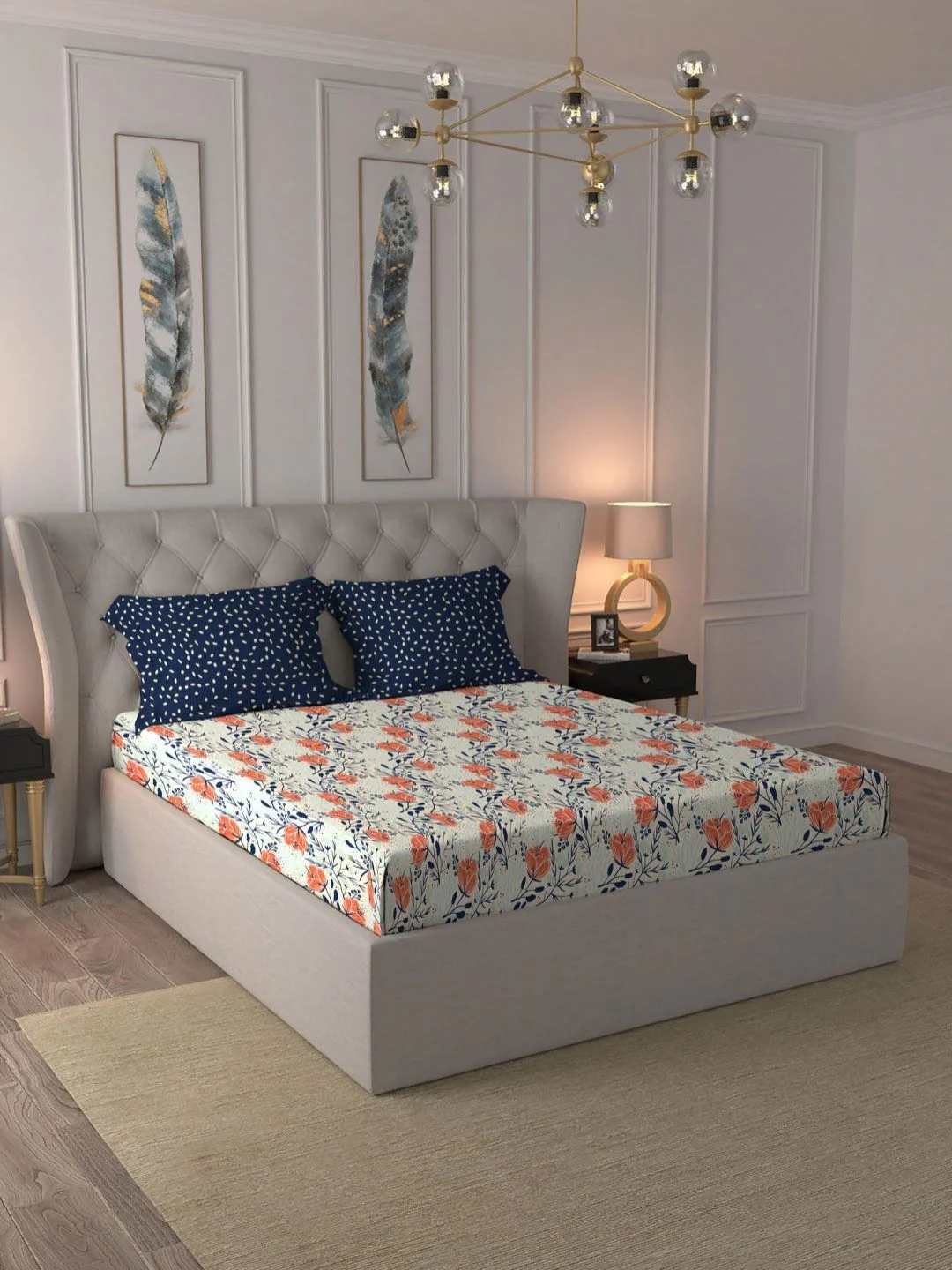 MYTRIDENT Aster Blue Moments Flat 120TC Queen Cotton 1 Bedsheet with 2 Pillow Covers - Image 3