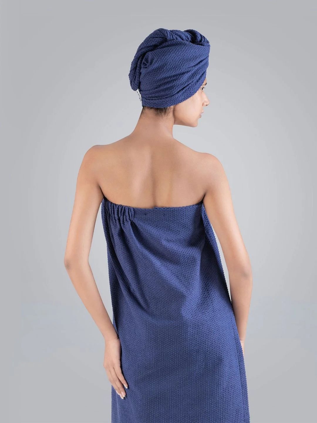 MYTRIDENT Blue Cotton Bath Robe With HeadWrap - Image 3