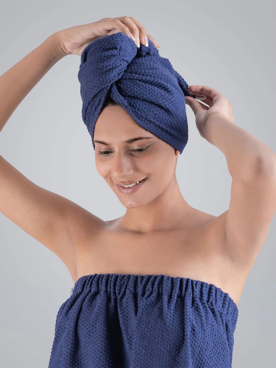 MYTRIDENT Blue Cotton Bath Robe With HeadWrap - Image 4