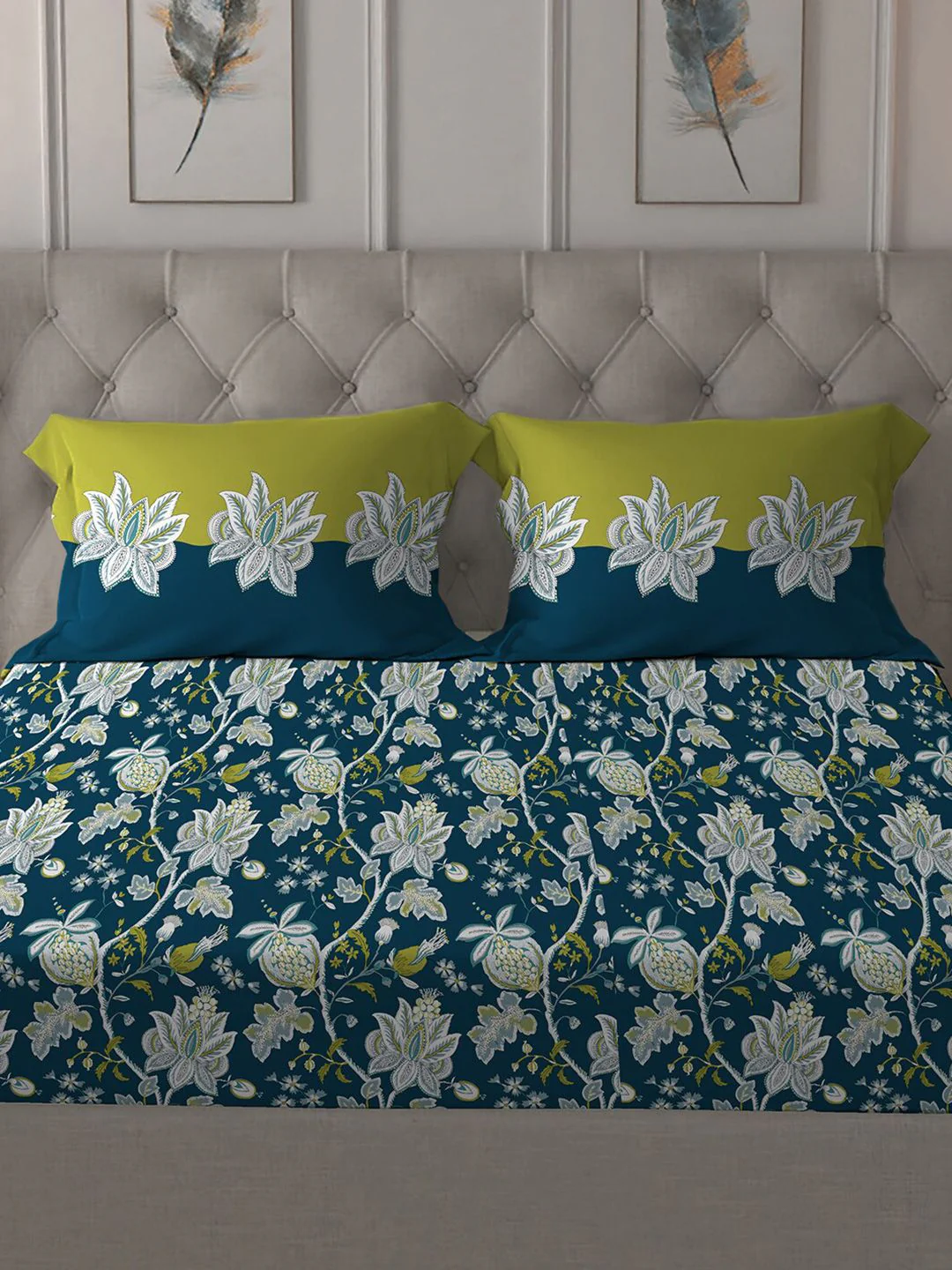 MYTRIDENT Blue  White Floral Cotton 144 TC Queen Bedsheet With 2 Pillow Covers - Image 3