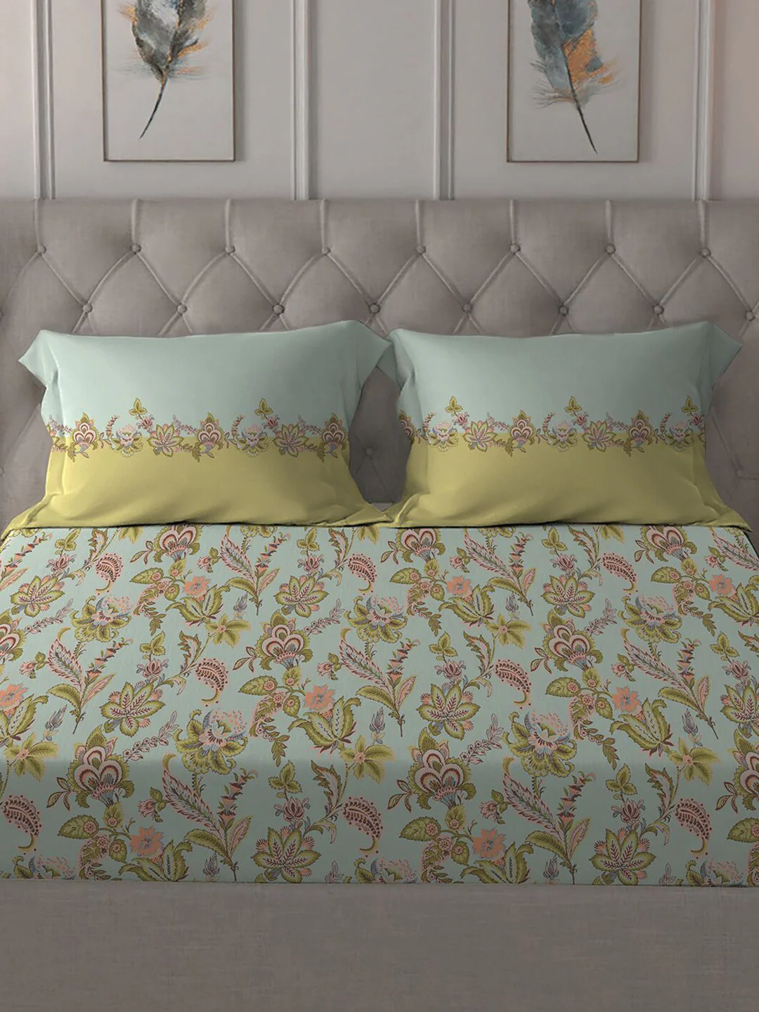 MYTRIDENT Blue White Floral Pure Cotton 144 TC Queen Bedsheet With 2 Pillow Covers - Image 3