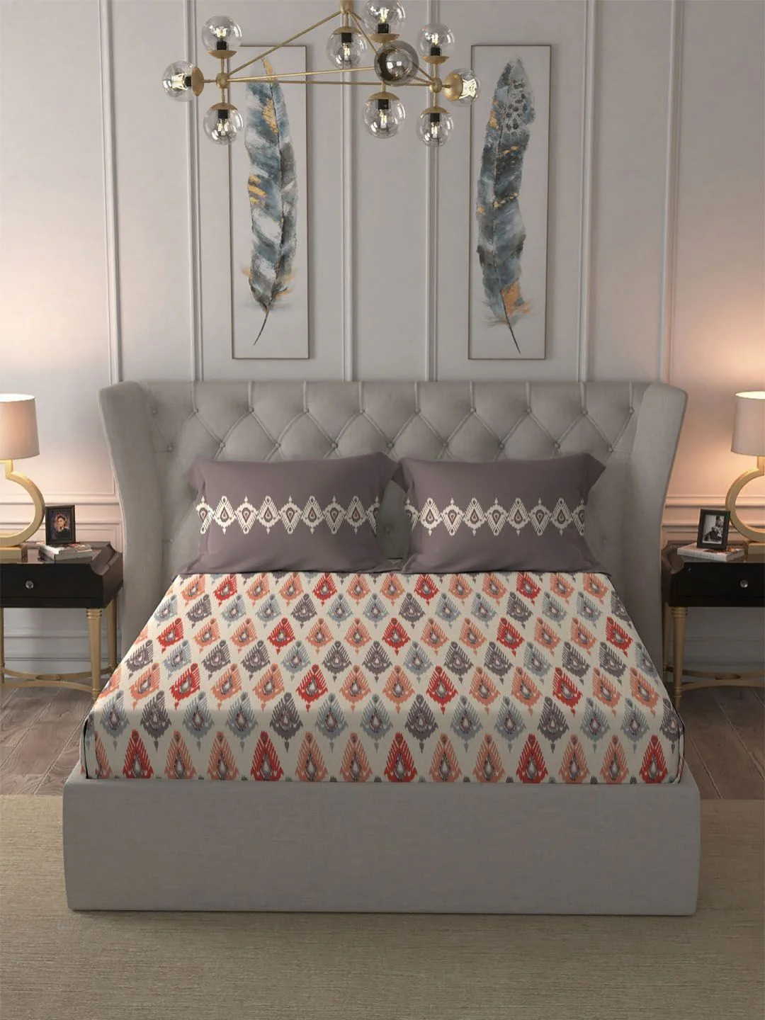 MYTRIDENT Dusk & Dawn Red Ethnic Cotton 144 TC Double Queen Bedsheet Set-2.28mX2.54m - Image 2