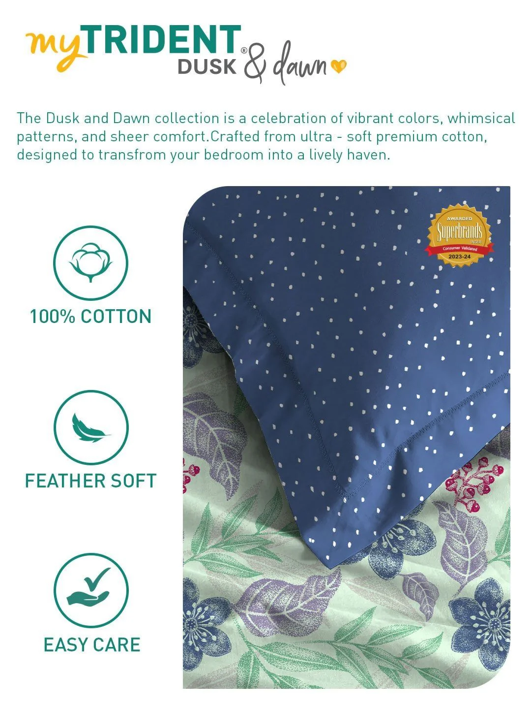 MYTRIDENT Glitter Blue Dusk & Dawn Flat 144TC Queen Cotton 1 Bedsheet with 2 Pillow Covers - Image 6