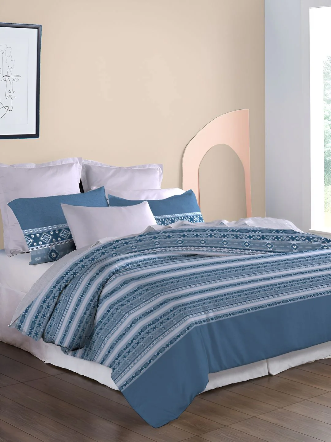 MYTRIDENT Grey & White Ethnic Motifs 210 TC Pure Cotton King Bedsheet with 2 Pillow Covers - Image 2