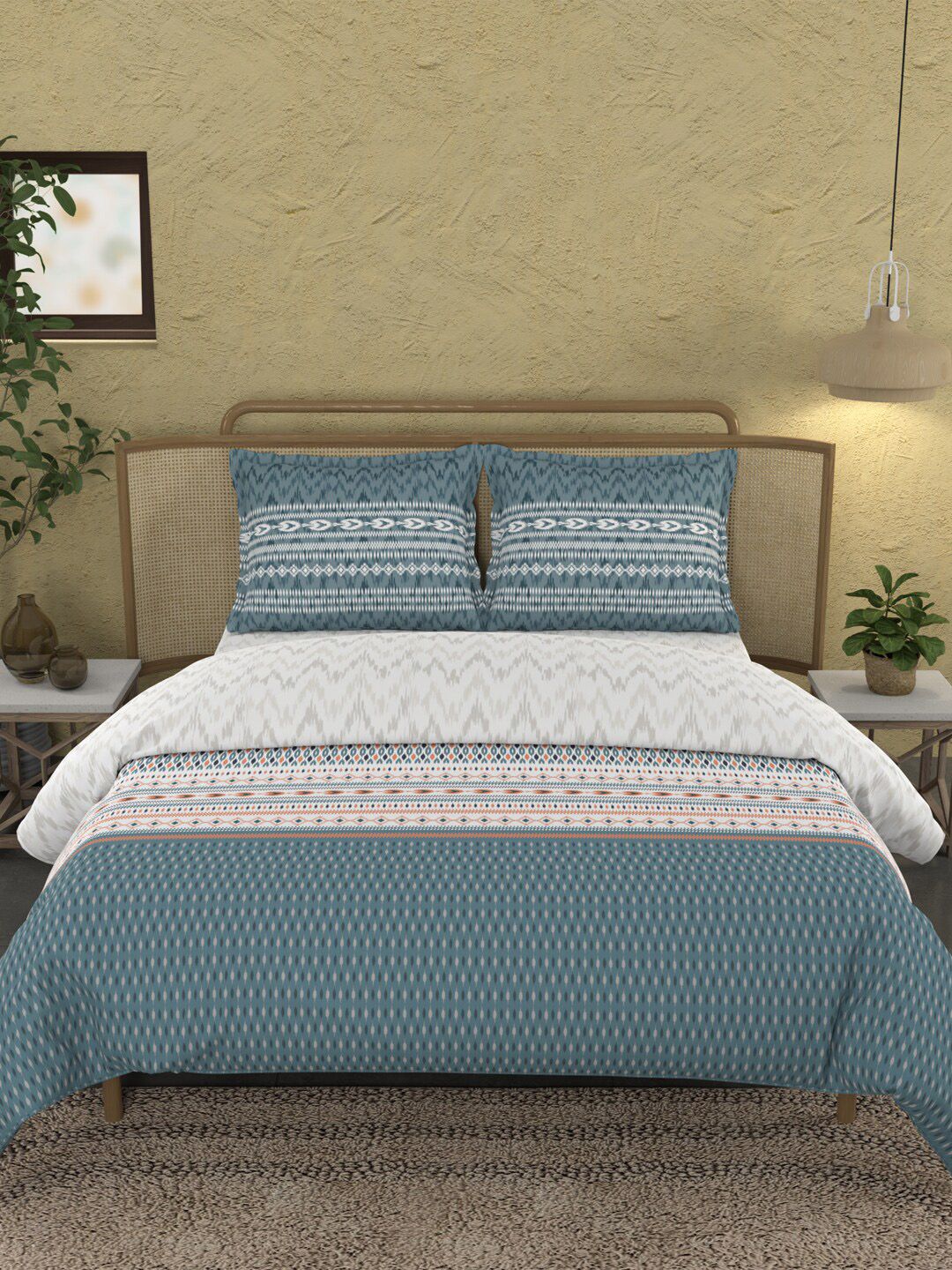 MYTRIDENT Ikkat Stone Blue Sanskriti Flat 144TC King Cotton Bedsheet with 2 Pillow Covers - Image 2