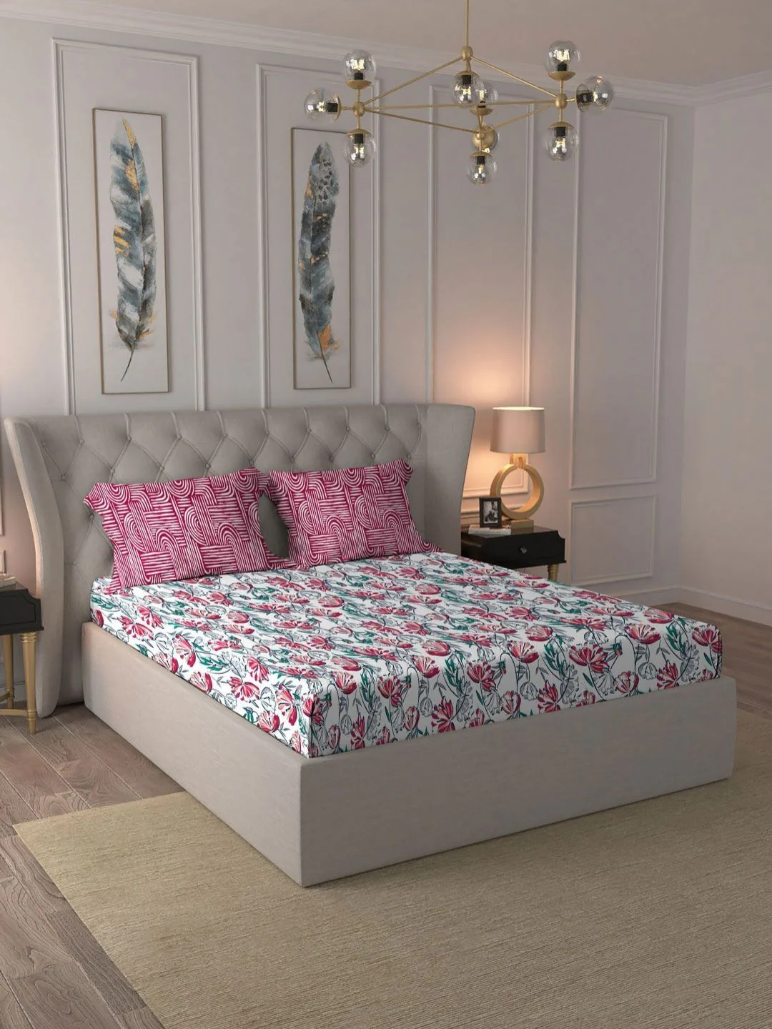 MYTRIDENT Ivy Pink Moments Flat 120TC Queen Pure Cotton 1 Bedsheet with 2 Pillow Covers - Image 3