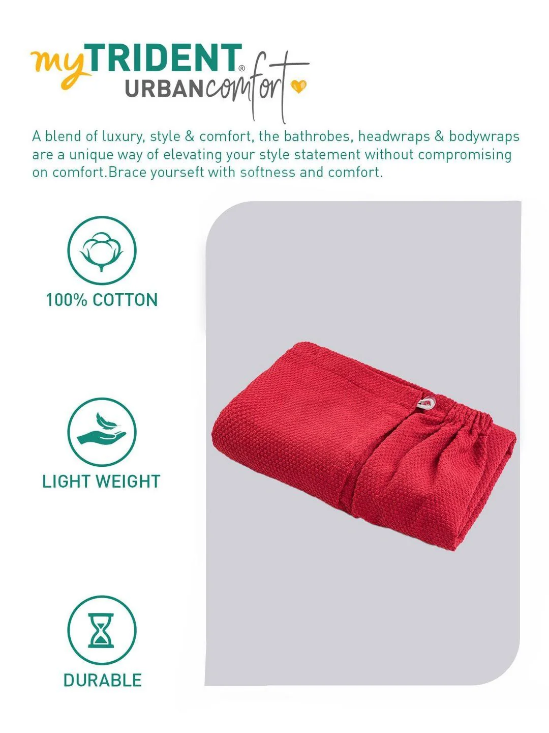 MYTRIDENT Red Cotton Bath Robe With Headwrap - Image 5