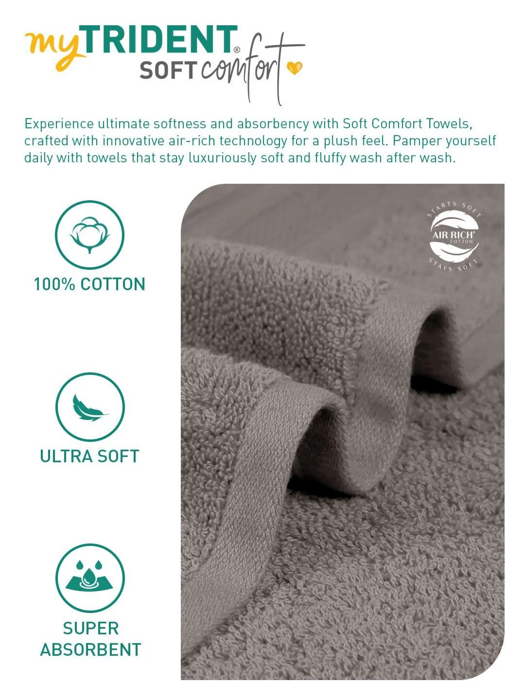 MYTRIDENT Soft Comfort Charcoal 3 Pieces Pure Cotton 500 GSM Towel Set - Image 6