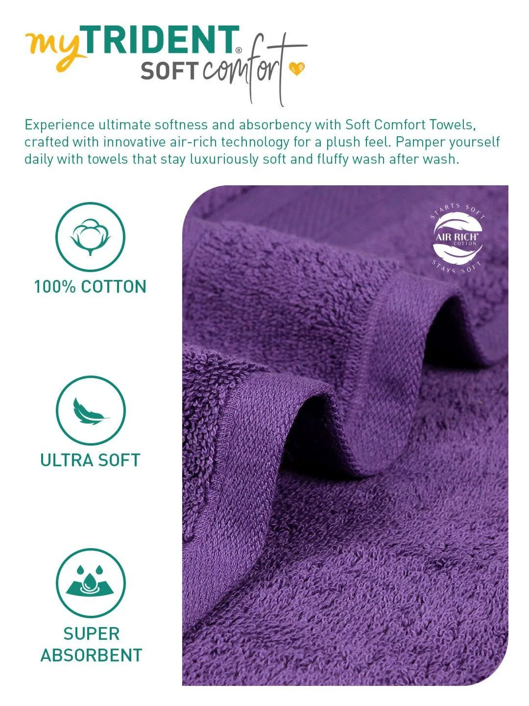MYTRIDENT Soft Comfort Purple 3 Pieces Pure Cotton 500 GSM Towel Set - Image 6