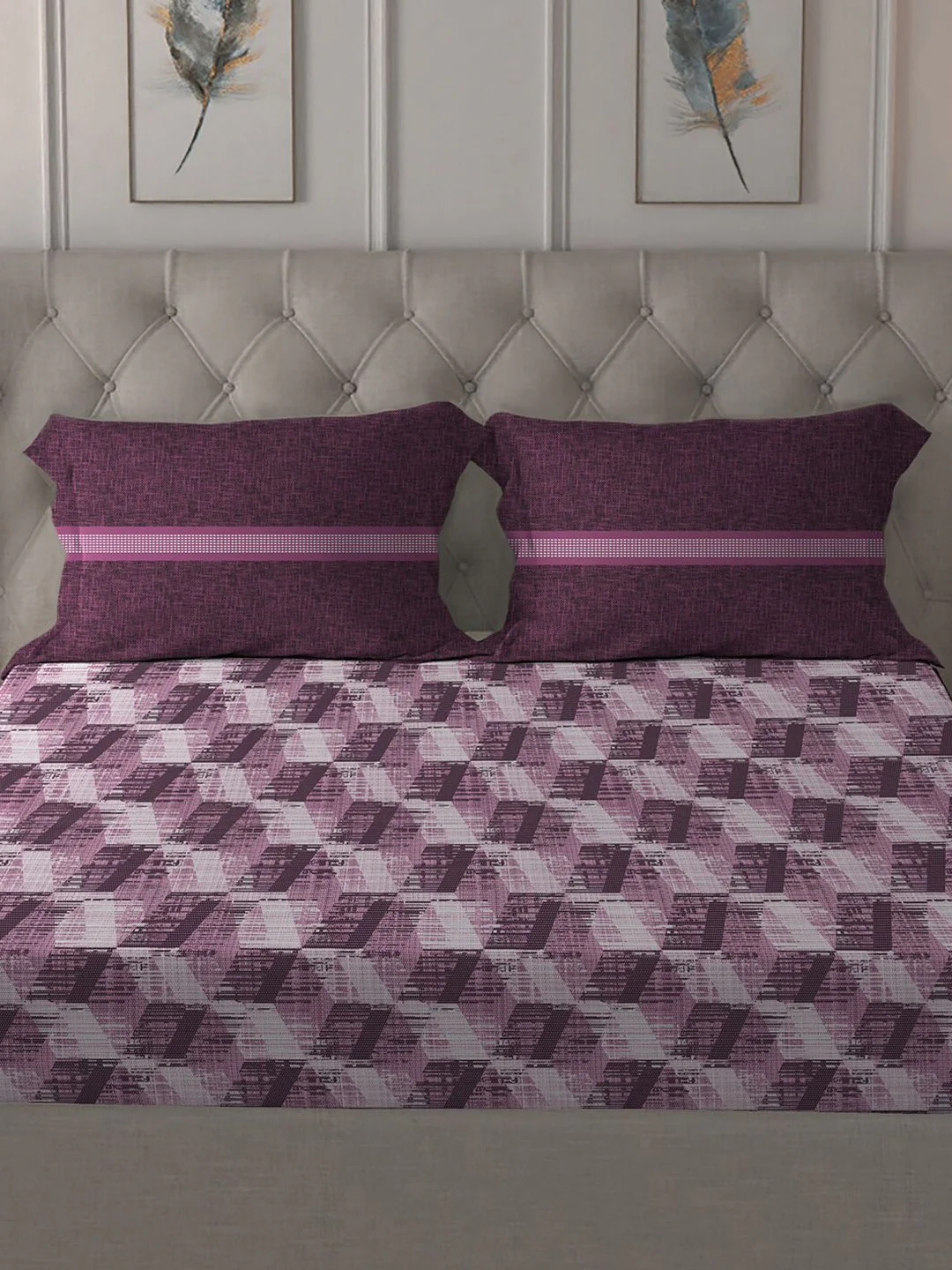 MYTRIDENT Taupe  White Geometric Pure Cotton 144 TC Queen Bedsheet With 2 Pillow Covers - Image 10