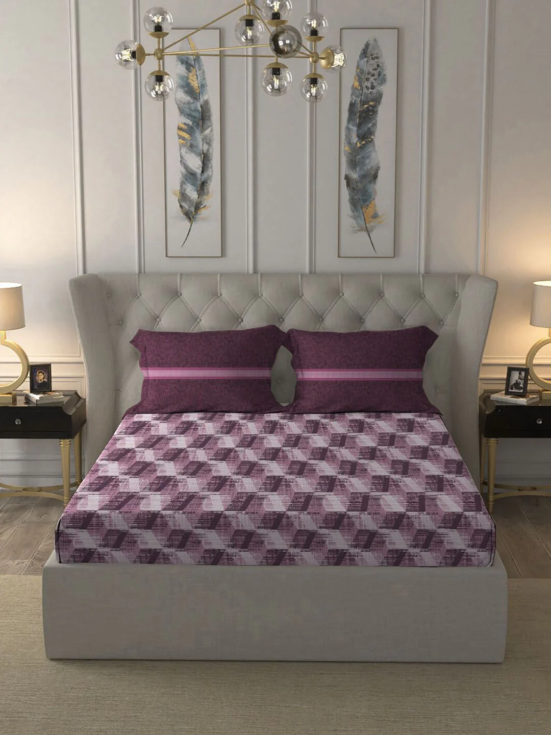 MYTRIDENT Taupe  White Geometric Pure Cotton 144 TC Queen Bedsheet With 2 Pillow Covers - Image 2