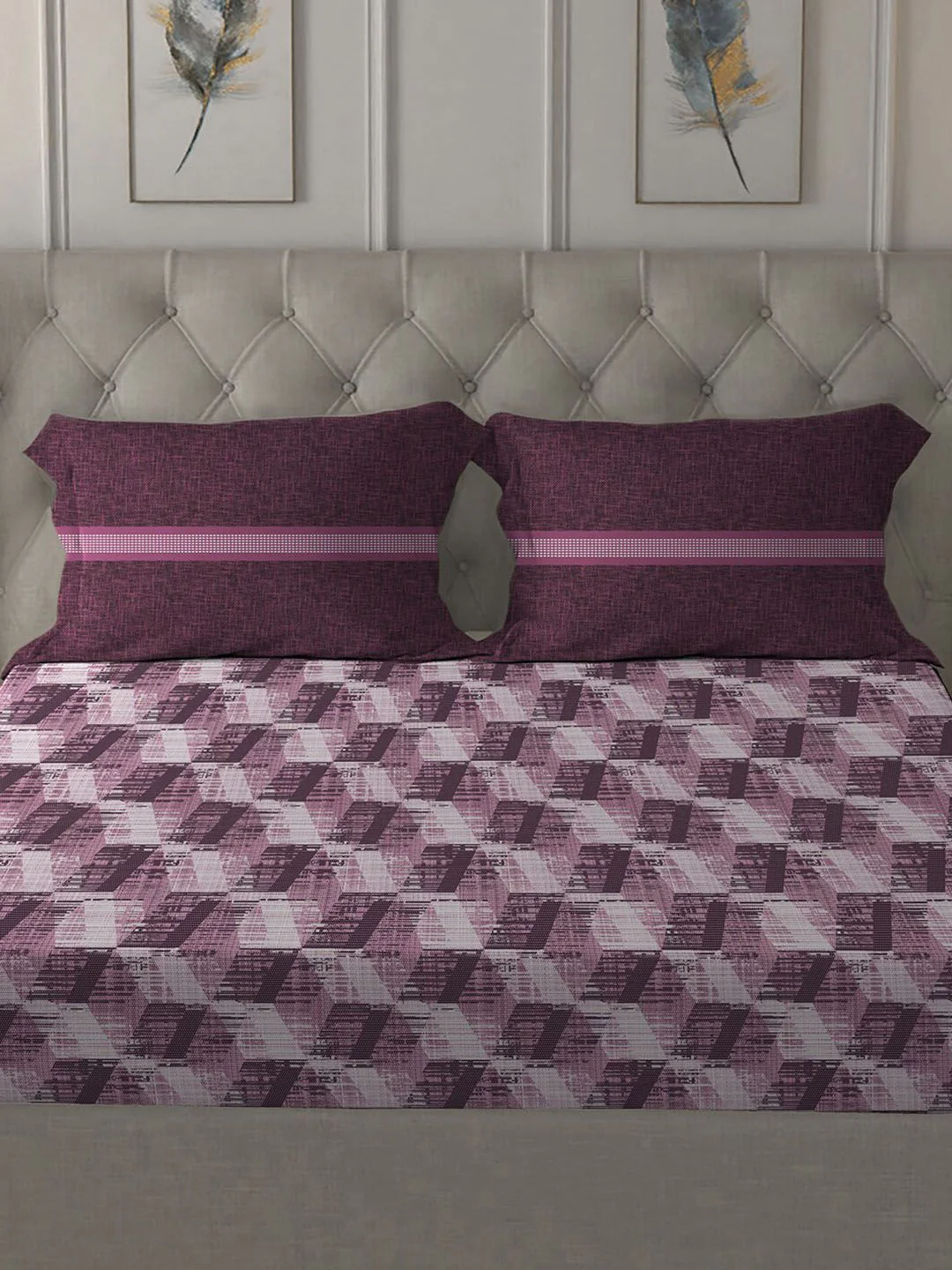 MYTRIDENT Taupe  White Geometric Pure Cotton 144 TC Queen Bedsheet With 2 Pillow Covers - Image 3