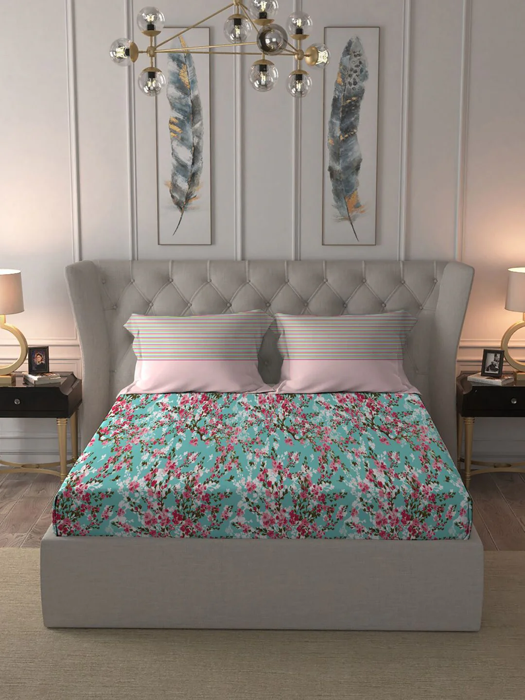 MYTRIDENT Alicia Blue Floral Cotton 144 TC Queen Bedsheet with 2 Pillow Covers- 90" x 100" - Image 2