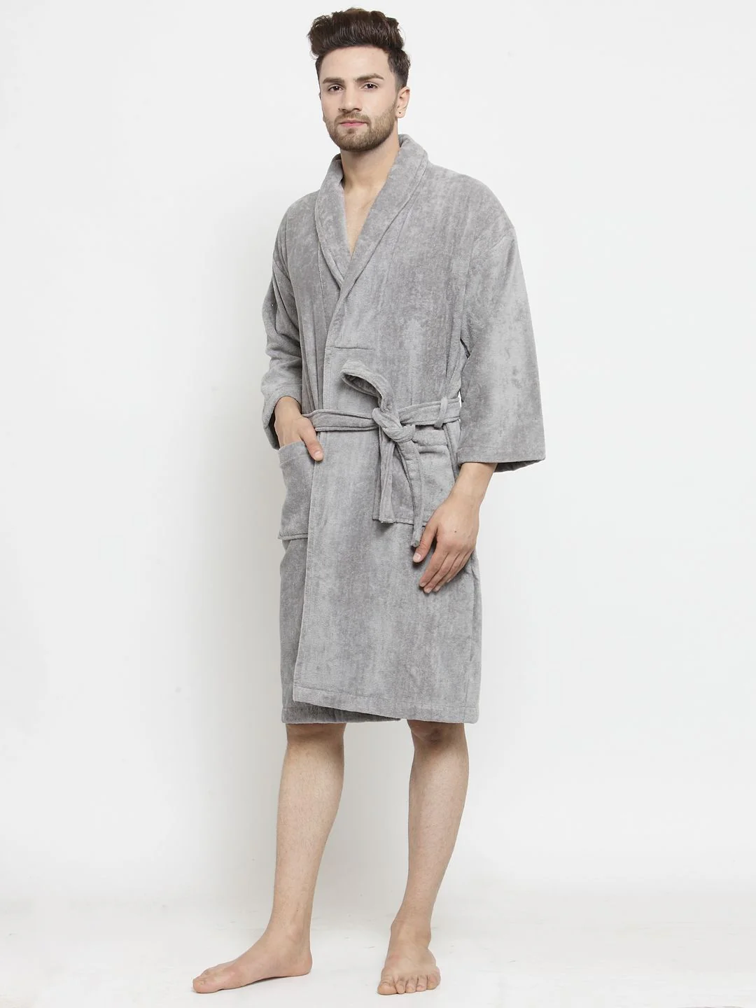 MYTRIDENT Unisex Grey Solid Bath Robe - Image 3