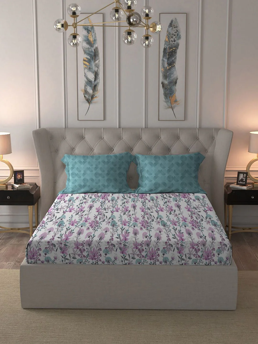 MYTRIDENT Violet  White Floral Cotton 144 TC Queen Bedsheet With 2 Pillow Covers - Image 2