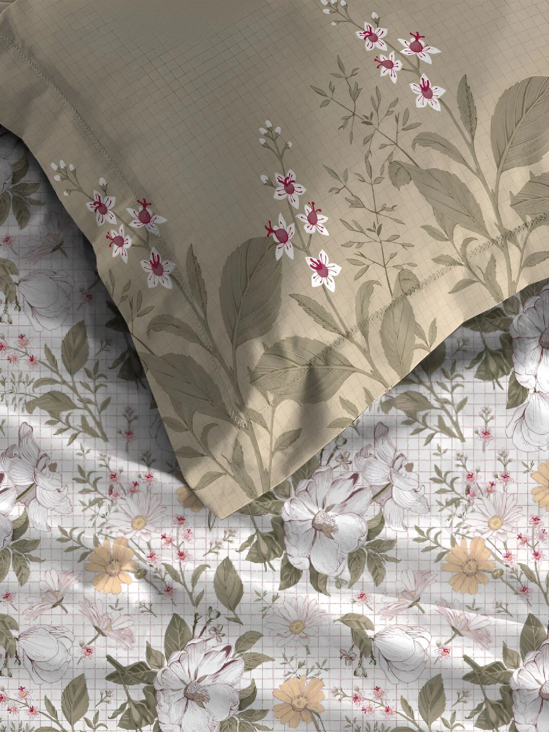 MYTRIDENT White & Green Floral 210 TC Pure Cotton Fitted King Bedsheet with 2 Pillow Covers - Image 5