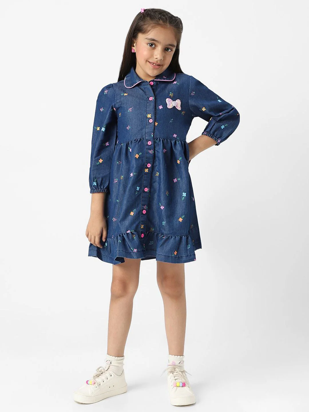 Nauti Nati  Girl Denim Shirt Dress With Puff Sleeves