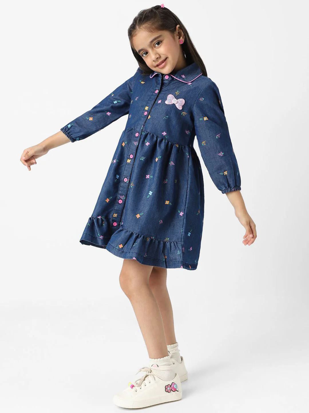 Nauti Nati  Girl Denim Shirt Dress With Puff Sleeves - Image 4