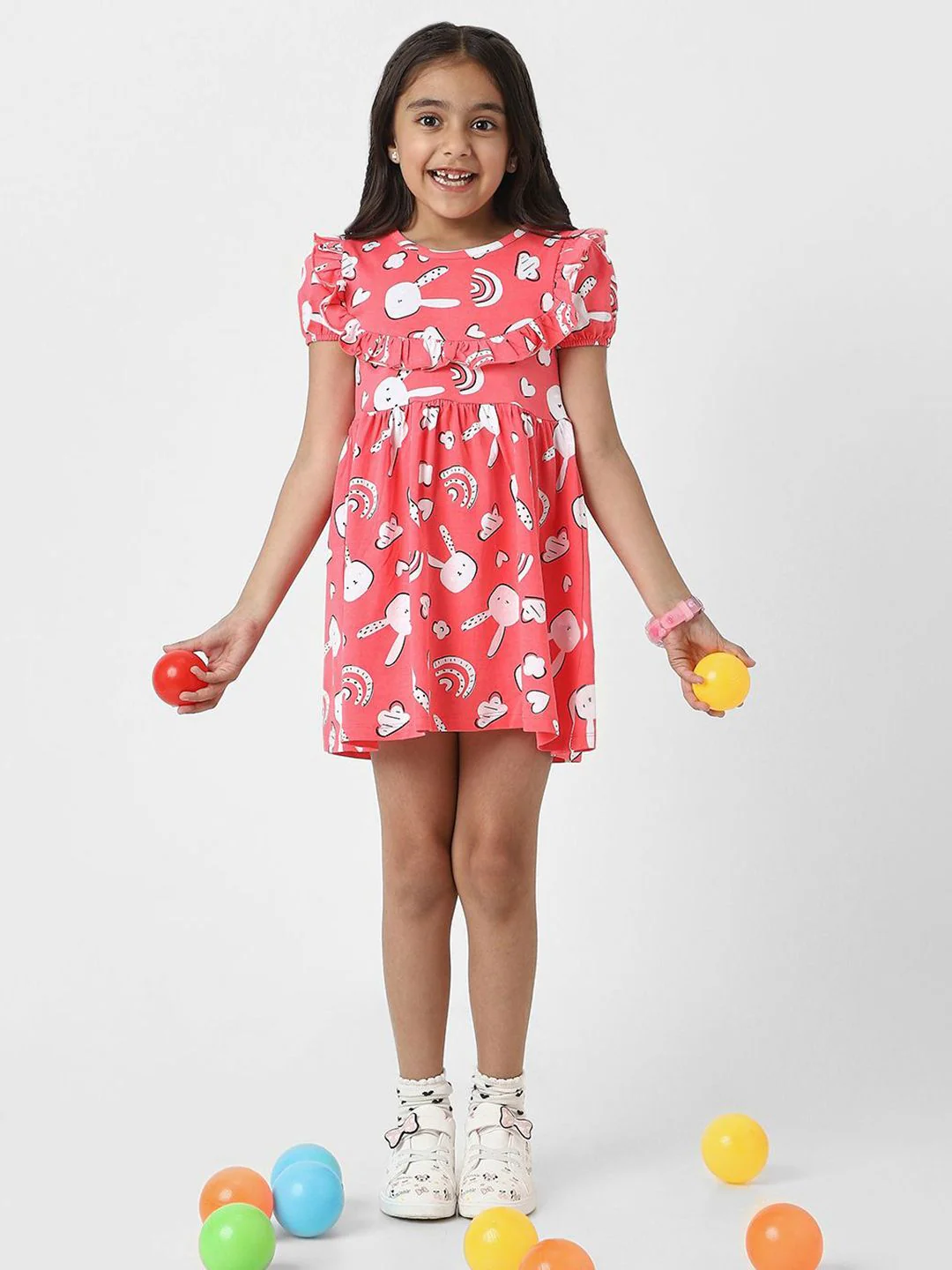 Nauti Nati Girl Red Jersey Cotton Bunny Print Dress - Image 4