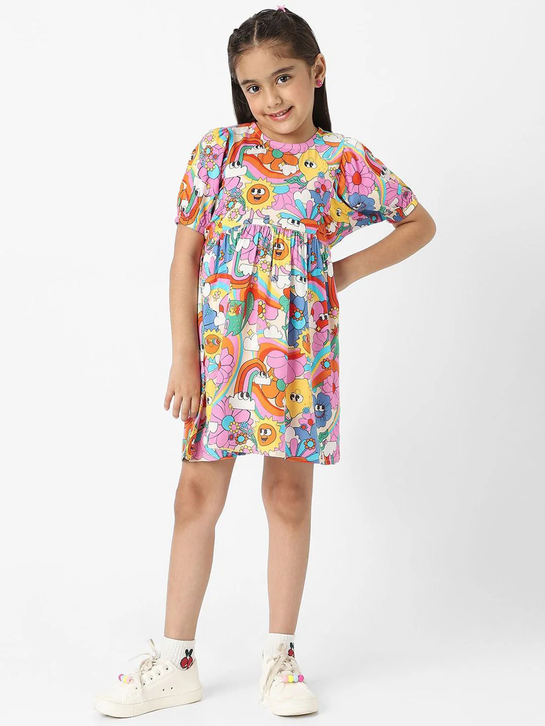 Nauti Nati Girls' Colourful AOP Fit and Flare Dress