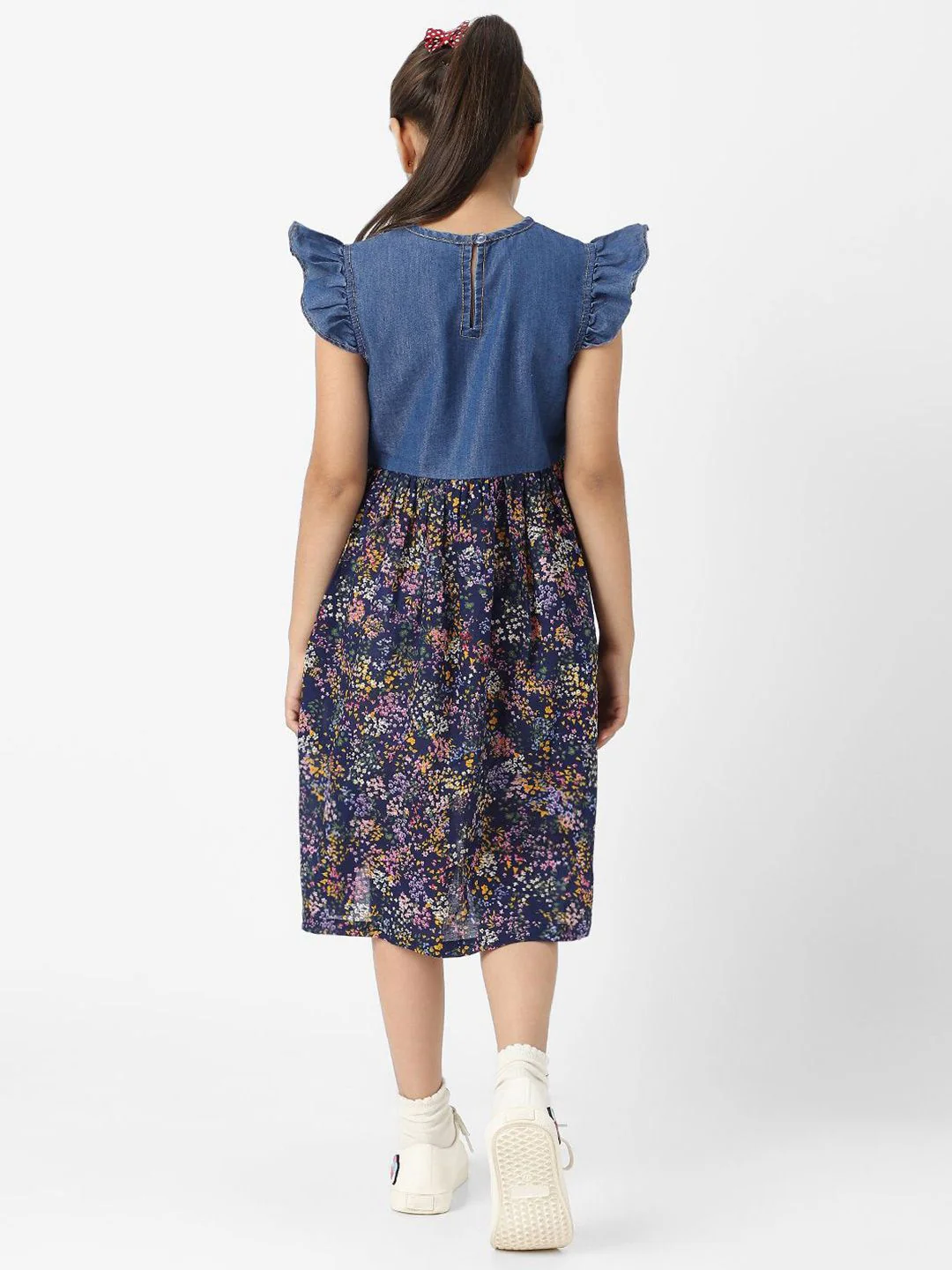 Nauti Nati Girls Denim Floral Printed Flutter Sleeves Dress - Image 5