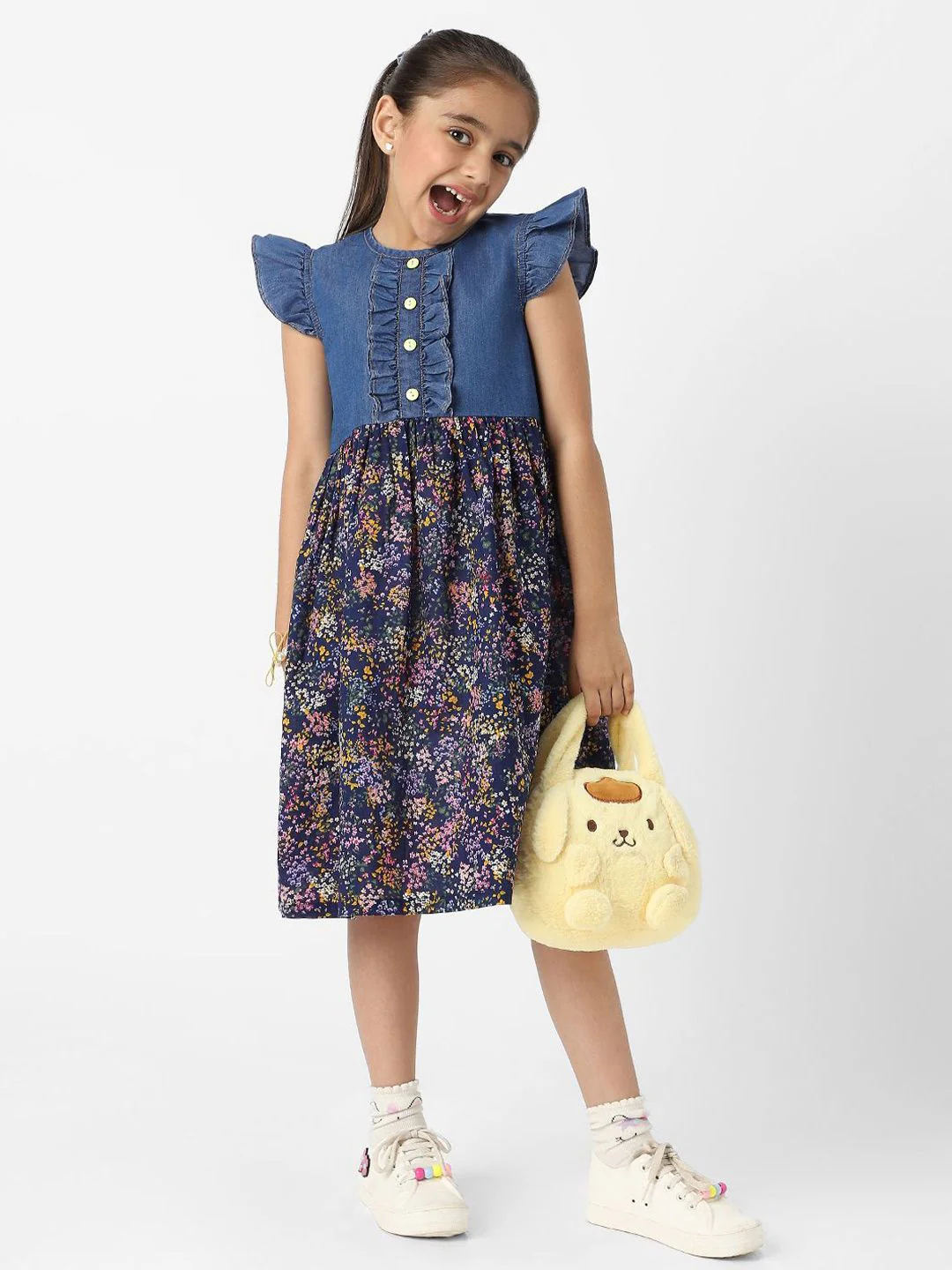 Nauti Nati Girls Denim Floral Printed Flutter Sleeves Dress - Image 6